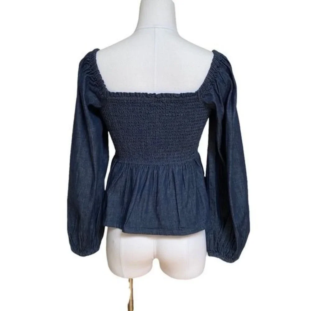 J. Crew Puff Sleeve Chambray Smocked Top in Birch Wash NWT